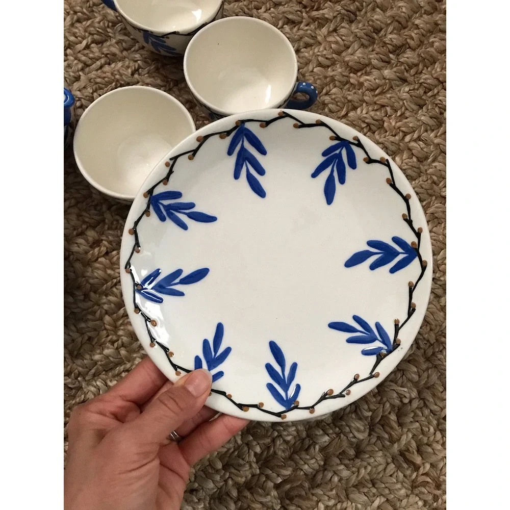 Vintage Hand Painted‎ Tea Set Blue White Creamer 4 Cups Saucers Floral Pottery
